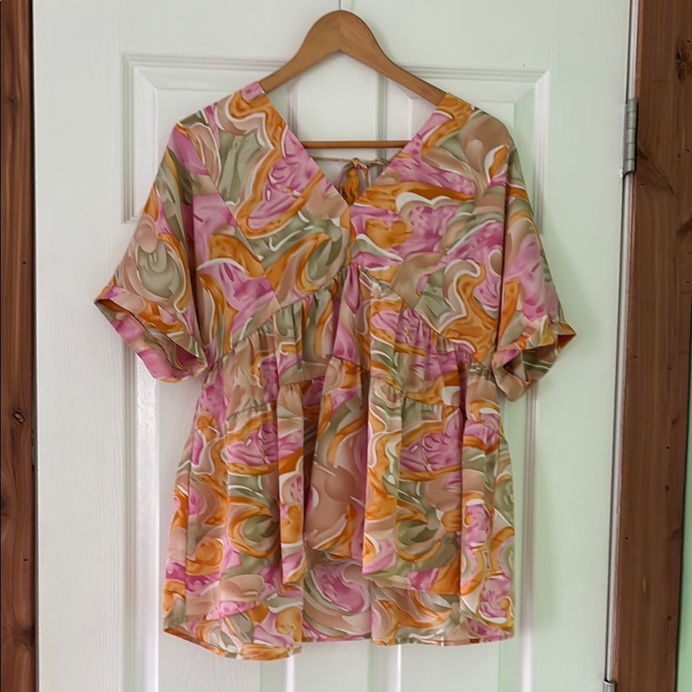 Entro Pink and Orange Asymmetrical Tie Front Blouse